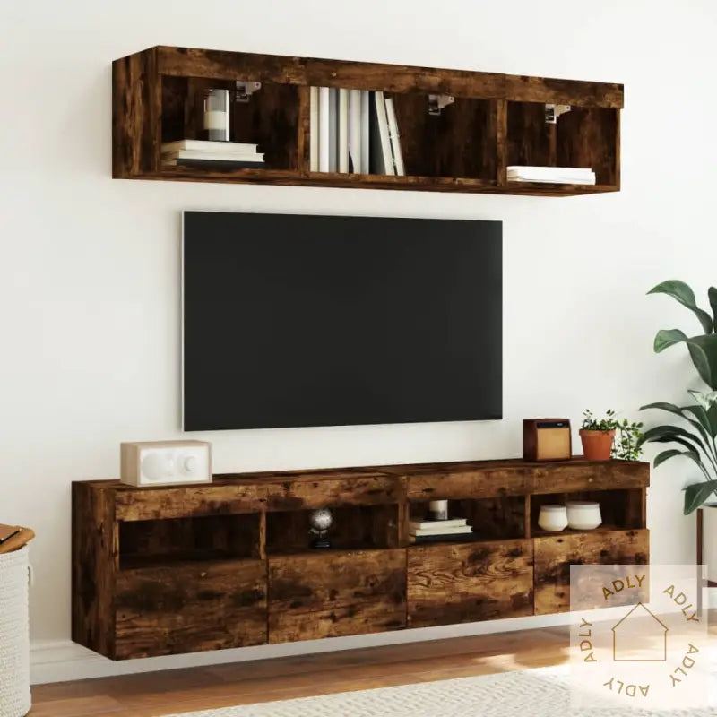 Vegghengt Tv-Benk Med Led Røkt Eik 80X30X40 Cm