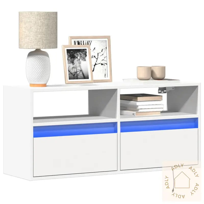 Vegghengt Tv-Benk Med Led Hvit 100X31X45 Cm