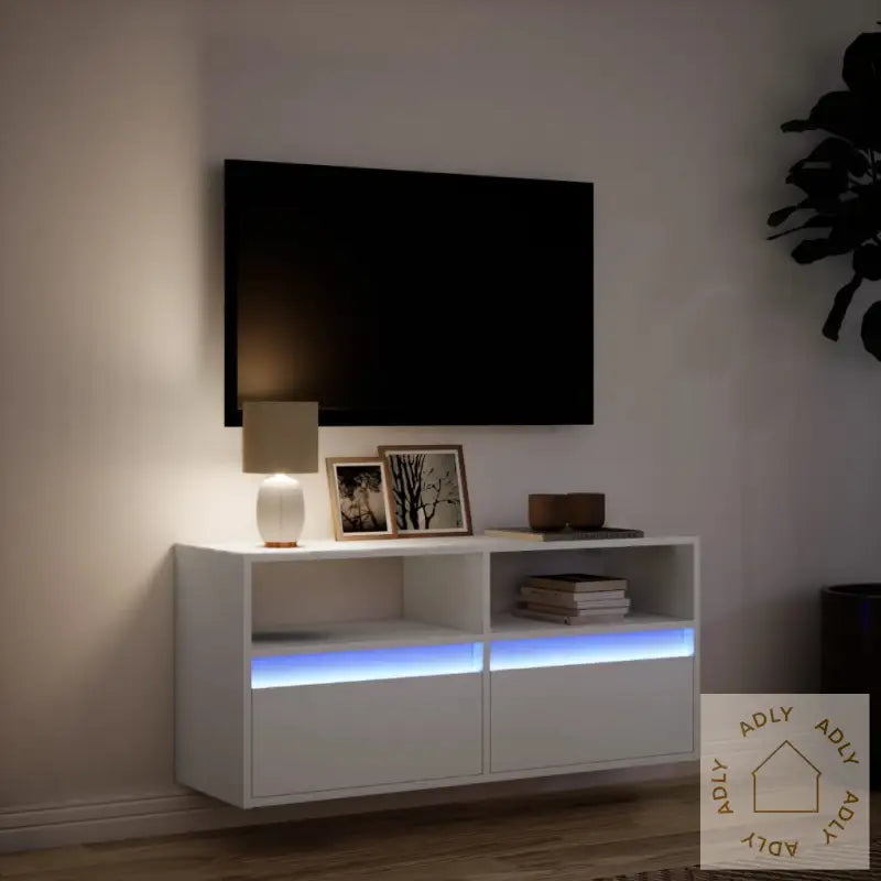 Vegghengt Tv-Benk Med Led Hvit 100X31X45 Cm