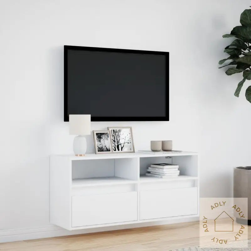 Vegghengt Tv-Benk Med Led Hvit 100X31X45 Cm