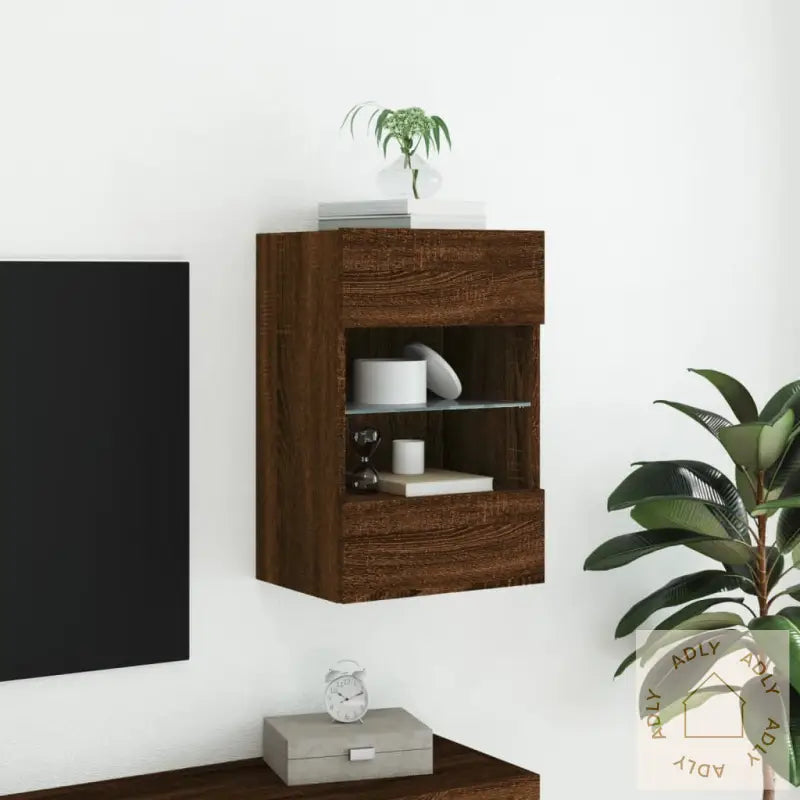 Vegghengt Tv-Benk Med Led-Lys Brun Eik 40X30X60,5 Cm