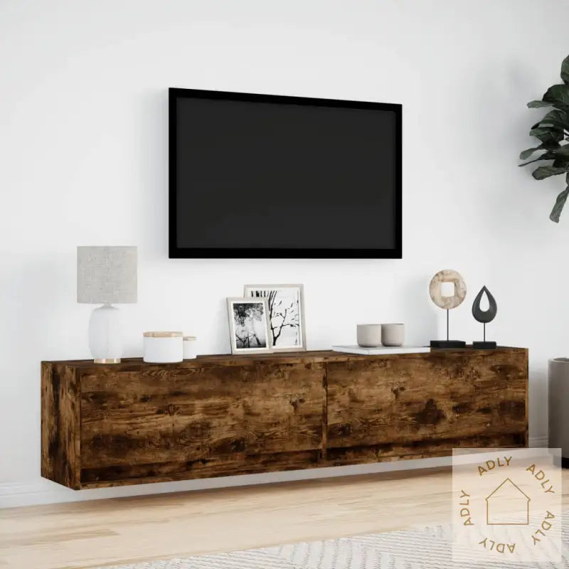 Vegghengt Tv-Benk Med Led Røkt Eik 180X31X38 Cm