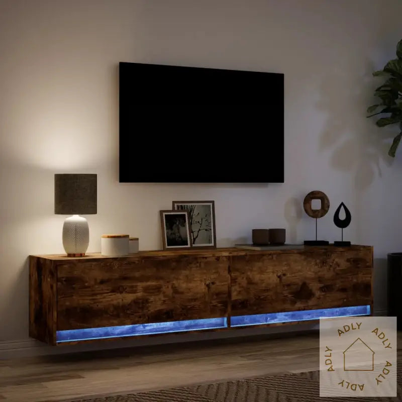 Vegghengt Tv-Benk Med Led Røkt Eik 180X31X38 Cm