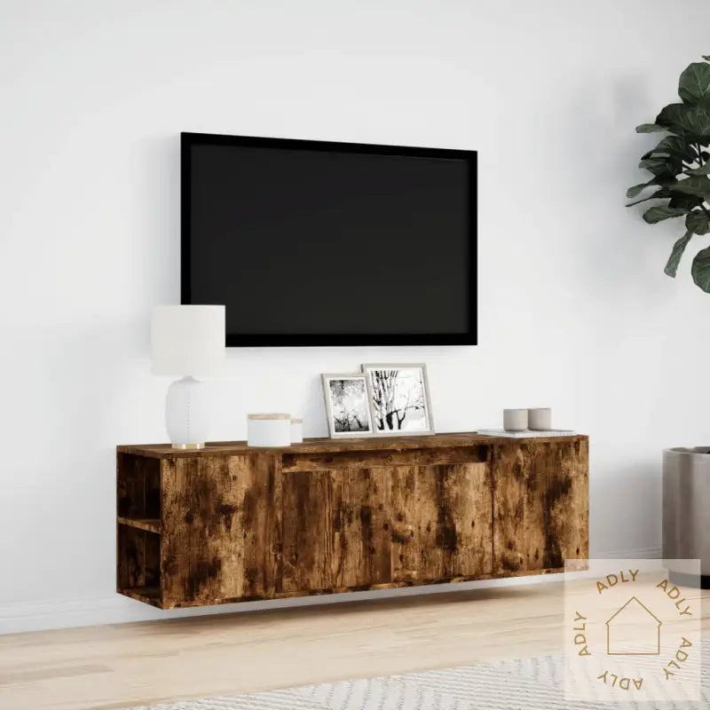 Vegghengt Tv-Benk Med Led Røkt Eik 135X31X39,5 Cm