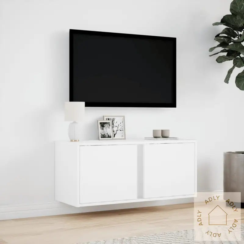 Vegghengt Tv-Benk Med Led Hvit 80X31X35 Cm