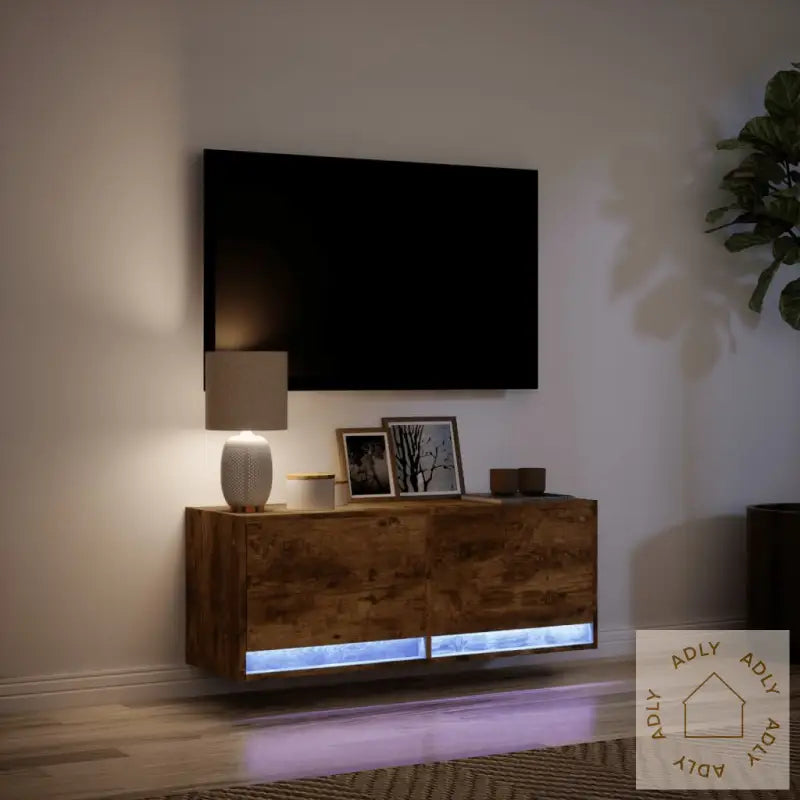 Vegghengt Tv-Benk Med Led Røkt Eik 100X31X35 Cm