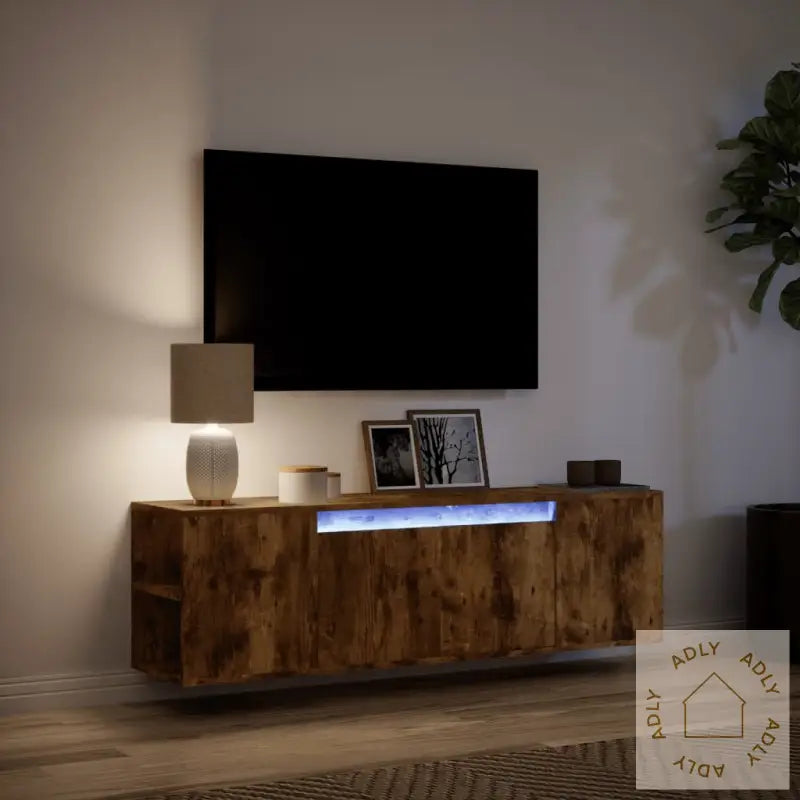 Vegghengt Tv-Benk Med Led Røkt Eik 135X31X39,5 Cm