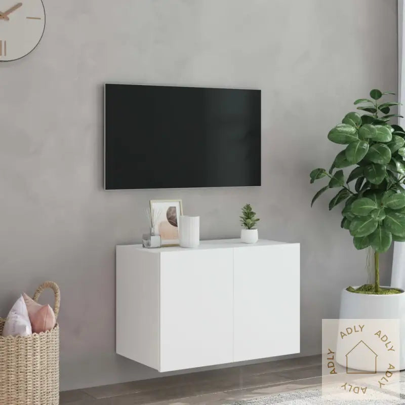 Vegghengt Tv-Benk Med Led Hvit 60X35X41 Cm