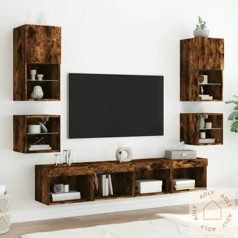 Vegghengt Tv-Benk Med Led Røkt Eik 30X28,5X30 Cm