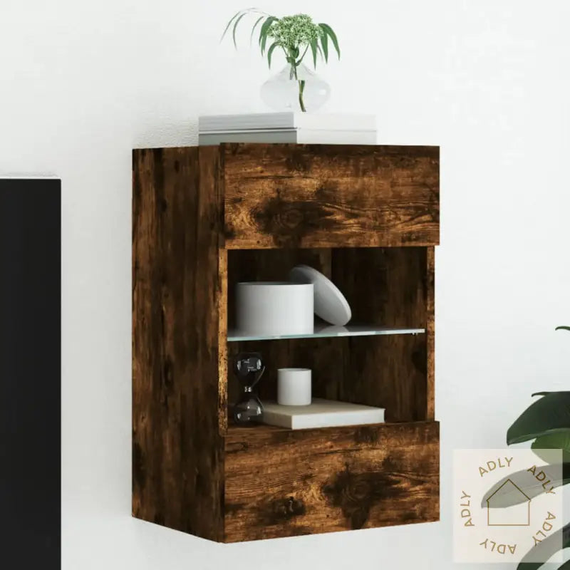 Vegghengt Tv-Benk Med Led-Lys Røkt Eik 40X30X60,5 Cm