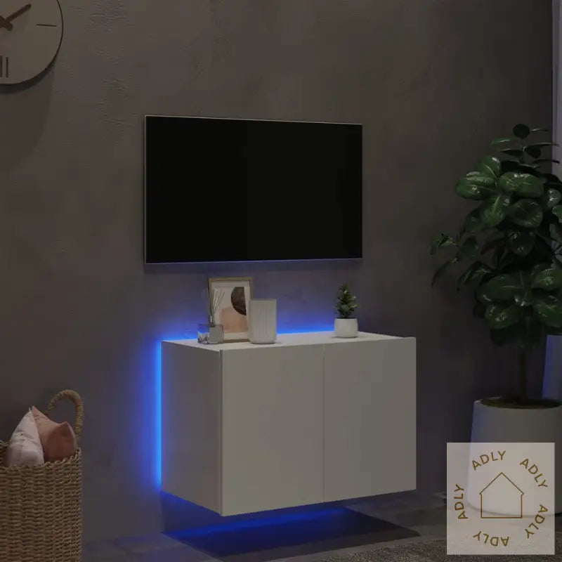 Vegghengt Tv-Benk Med Led Hvit 60X35X41 Cm