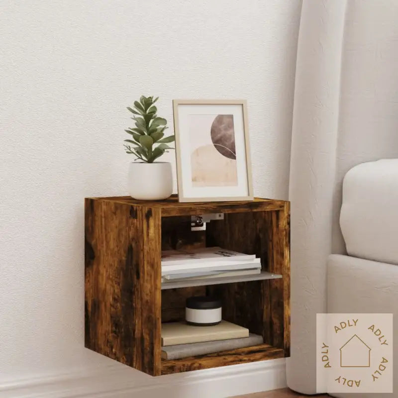 Vegghengt Tv-Benk Med Led Røkt Eik 30X28,5X30 Cm