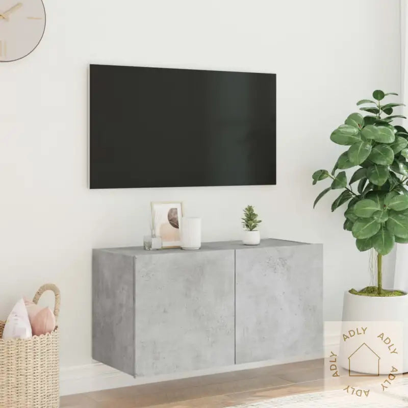 Vegghengt Tv-Benk Med Led-Lys Betonggrå 80X35X41 Cm