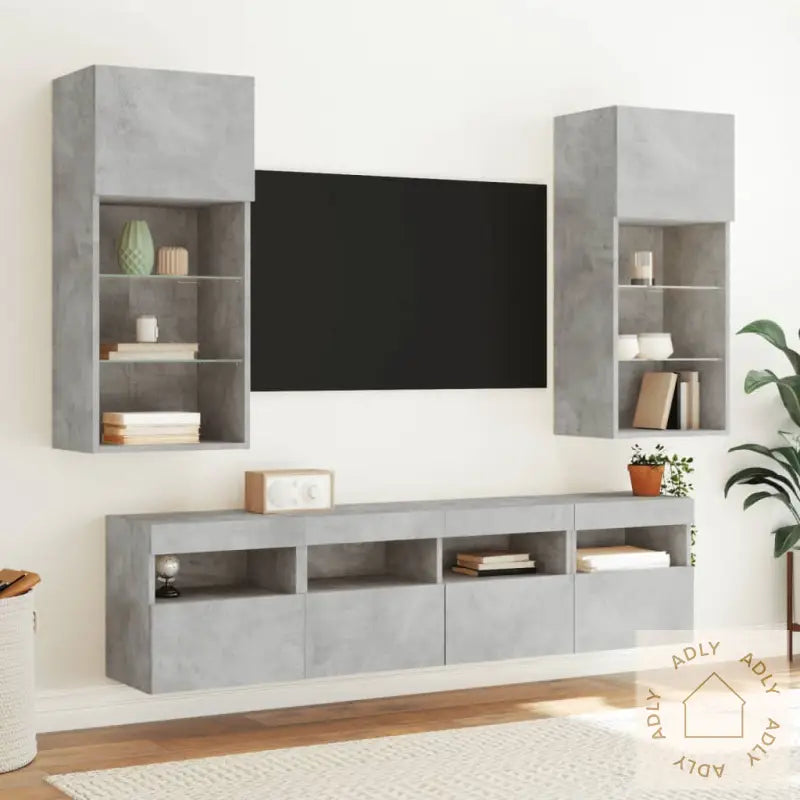 Vegghengt Tv-Benk Med Led-Lys Betonggrå 40X30X40 Cm