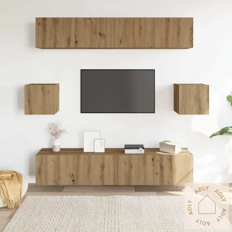 Tv-Skapsett 6 Deler Veggmontert Artisan Eik Konstruert Tre