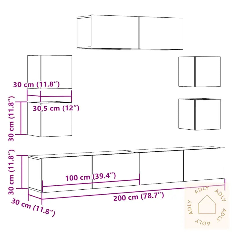 Tv-Skapsett 7 Deler Veggmontert Artisan Eik Konstruert Tre