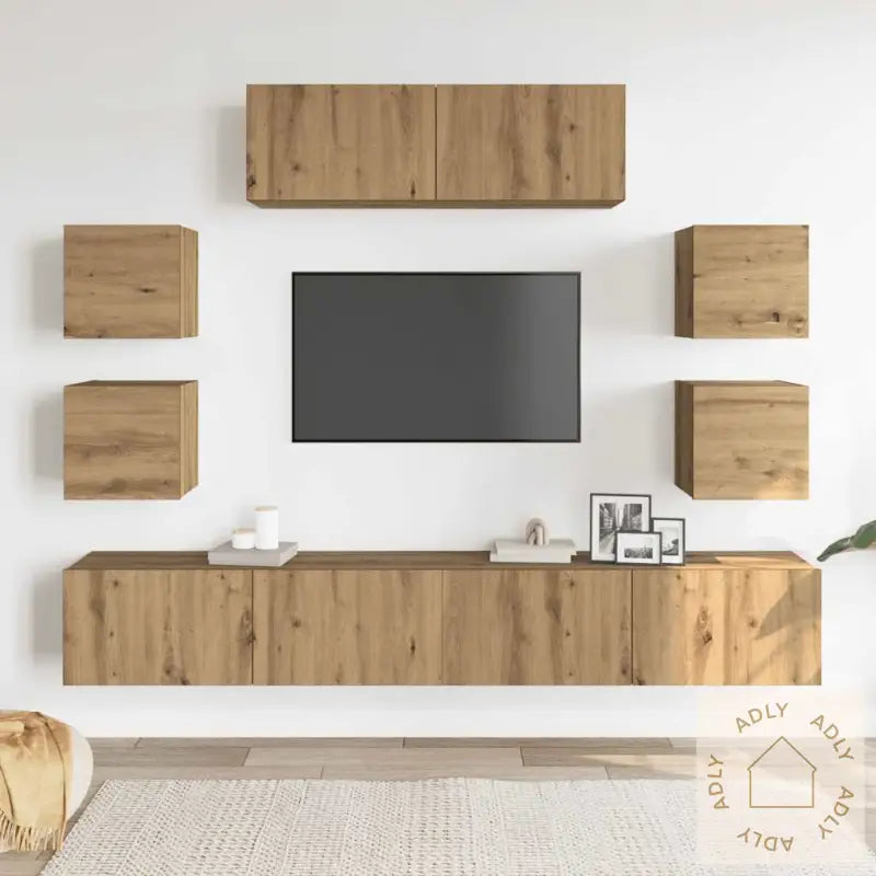 Tv-Skapsett 7 Deler Veggmontert Artisan Eik Konstruert Tre