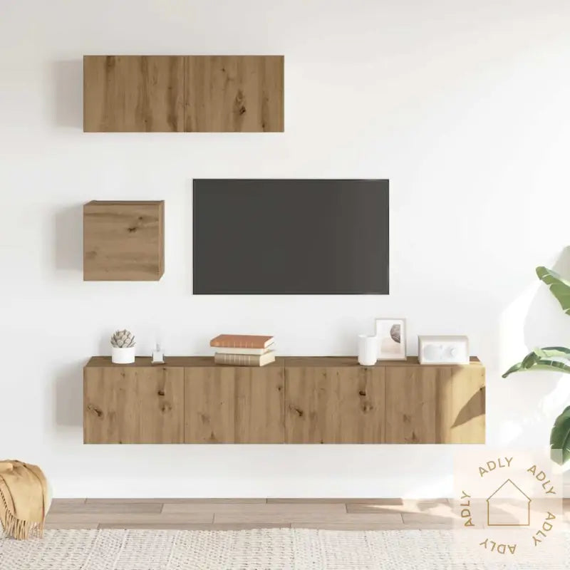 Tv-Skapsett 4 Deler Veggmontert Artisan Eik Konstruert Tre