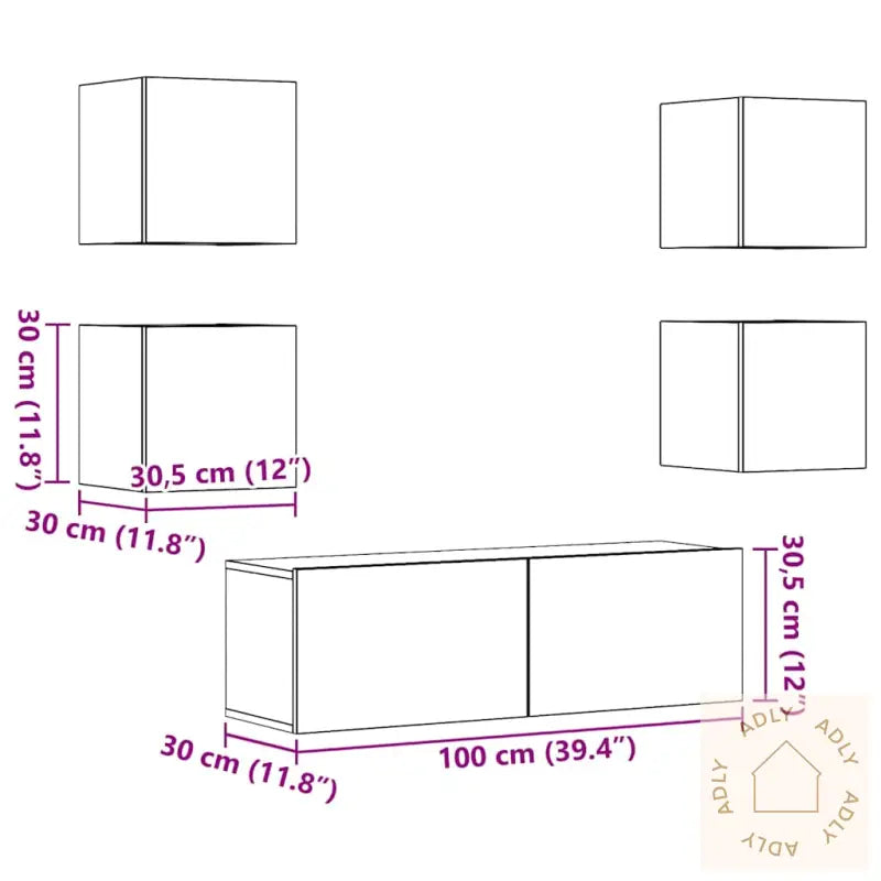 Tv-Skapsett 5 Deler Veggmontert Artisan Eik Konstruert Tre