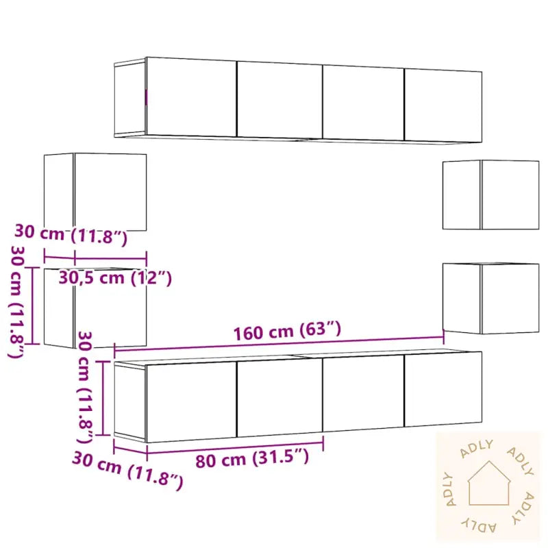 Tv-Skapsett 8 Deler Veggmontert Artisan Eik Konstruert Tre