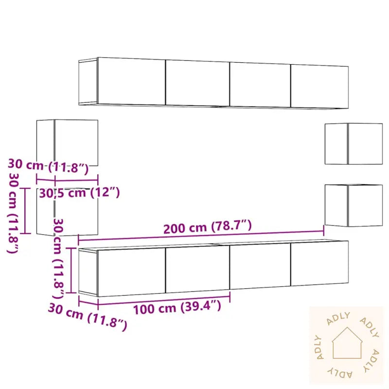 Tv-Skapsett 8 Deler Veggmontert Artisan Eik Konstruert Tre