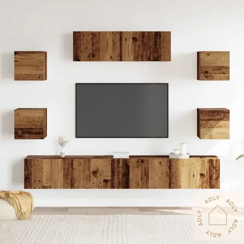 Tv-Skapsett 7 Deler Veggmontert Gammelt Tre Konstruert Tre