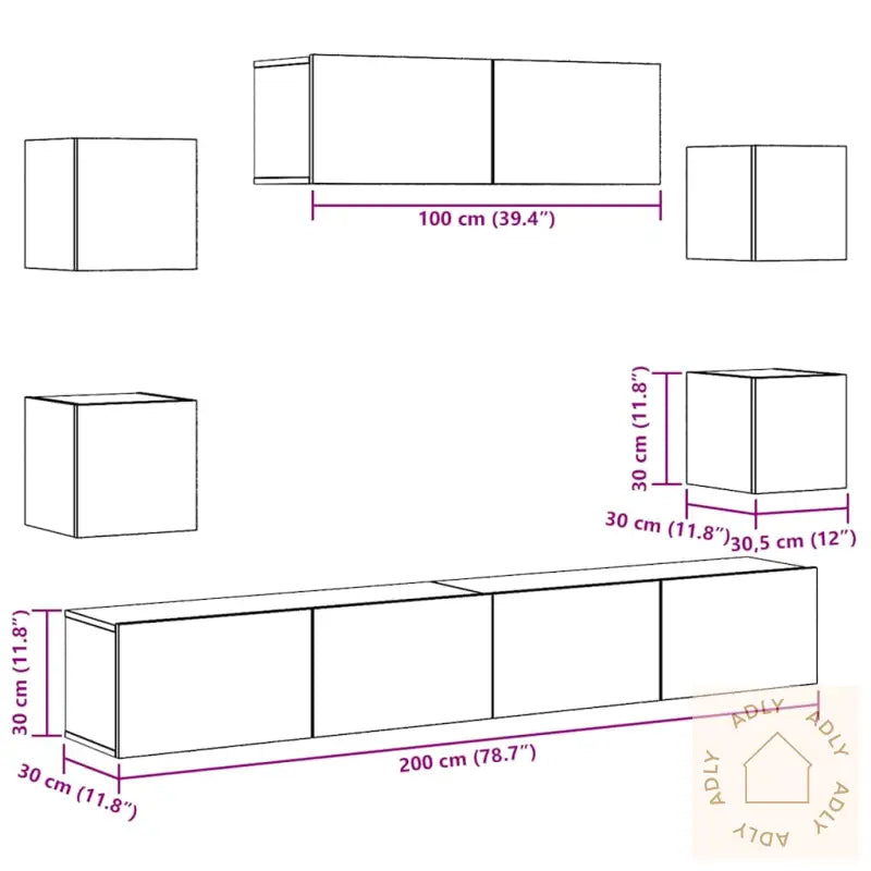 Tv-Skapsett 7 Deler Veggmontert Gammelt Tre Konstruert Tre