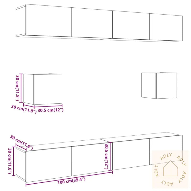 Tv-Skapsett 6 Deler Veggmontert Gammelt Tre Konstruert Tre