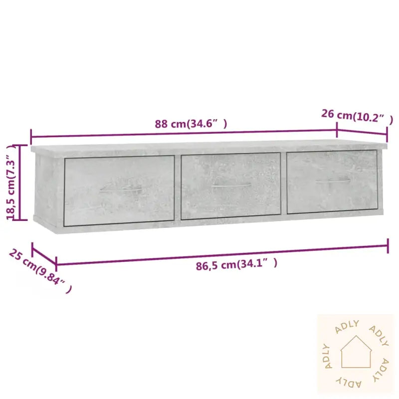 Vegghylle Med Skuff Betonggrå 88X26X18,5 Cm Konstruert Tre
