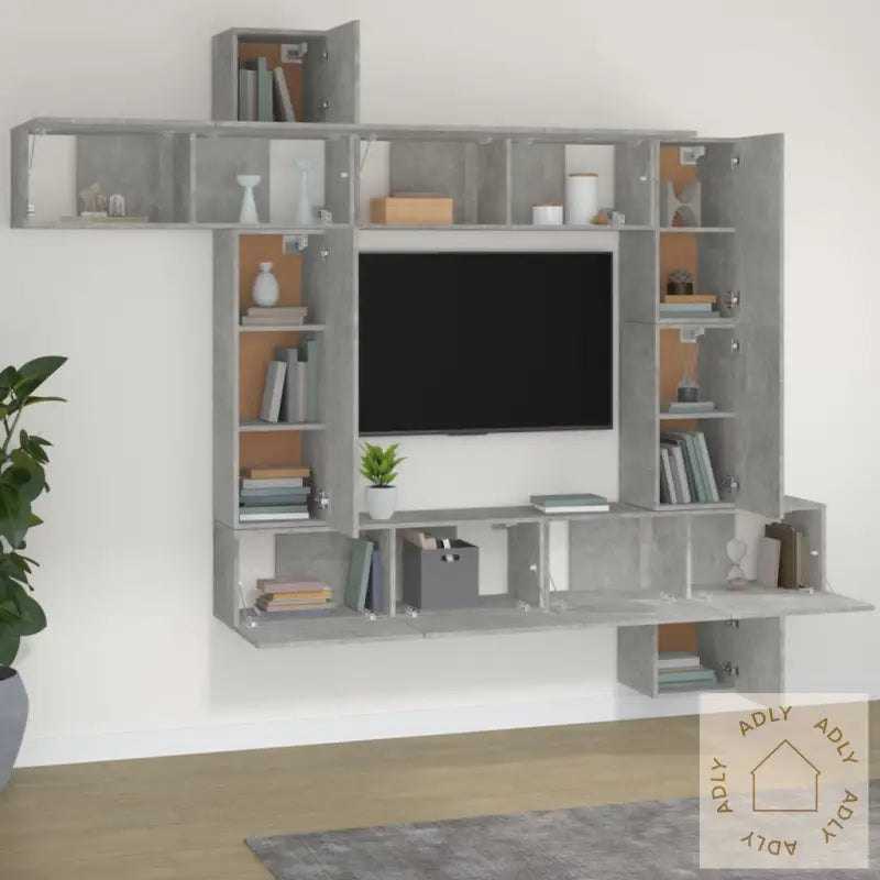 Tv-Skapsett 9 Deler Betonggrå Konstruert Tre