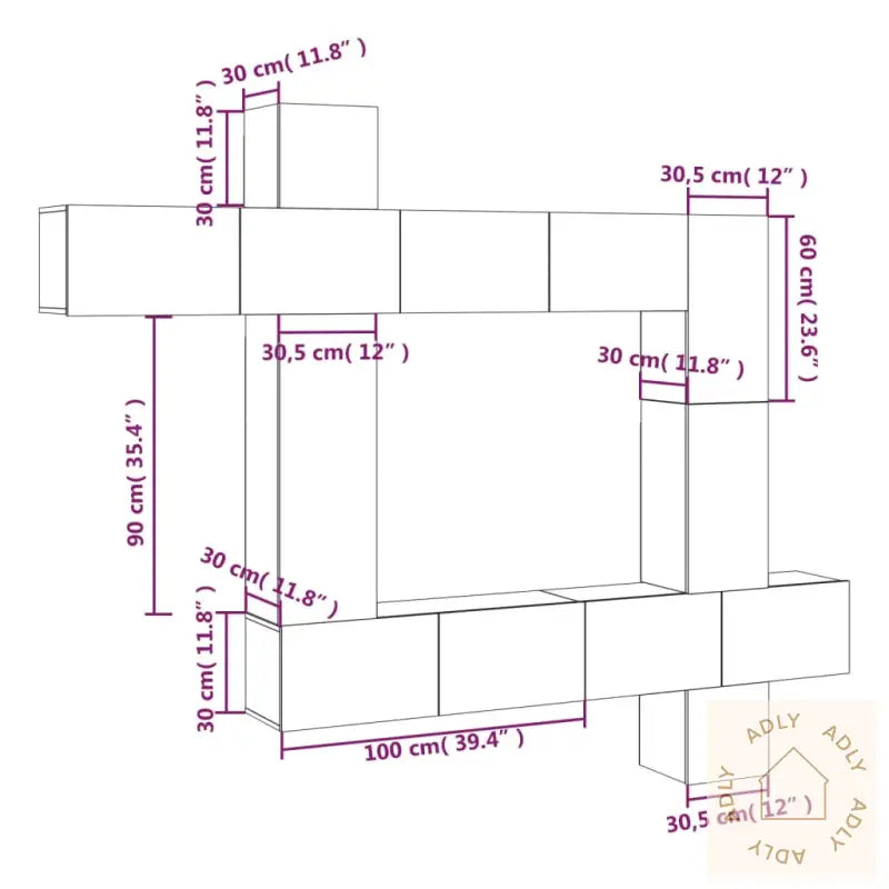 Tv-Skapsett 9 Deler Betonggrå Konstruert Tre